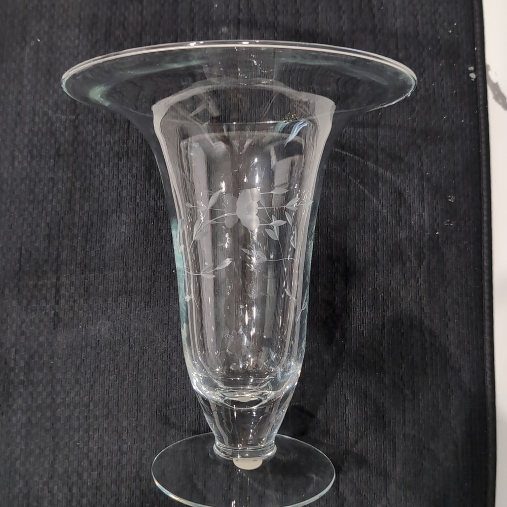 Princess House Heritage Floral Etched Crystal Trumpet Vase Footed 10 Inch #380